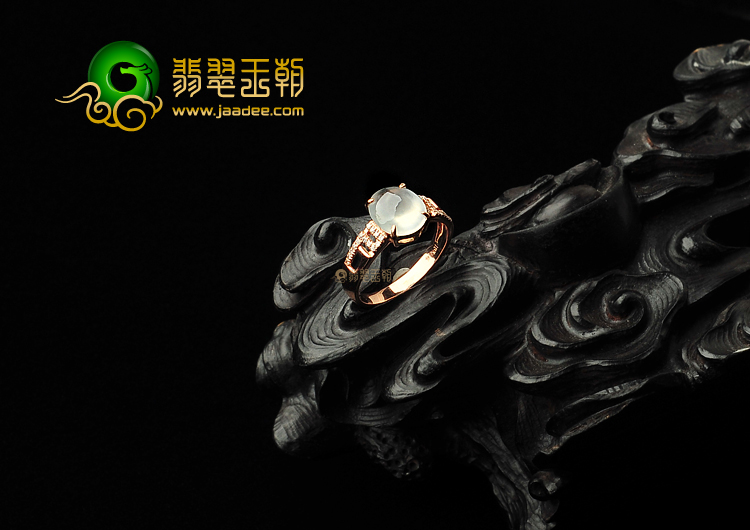 冰玻种无色缅甸翡翠A货镶玫瑰金戒指(真钻)