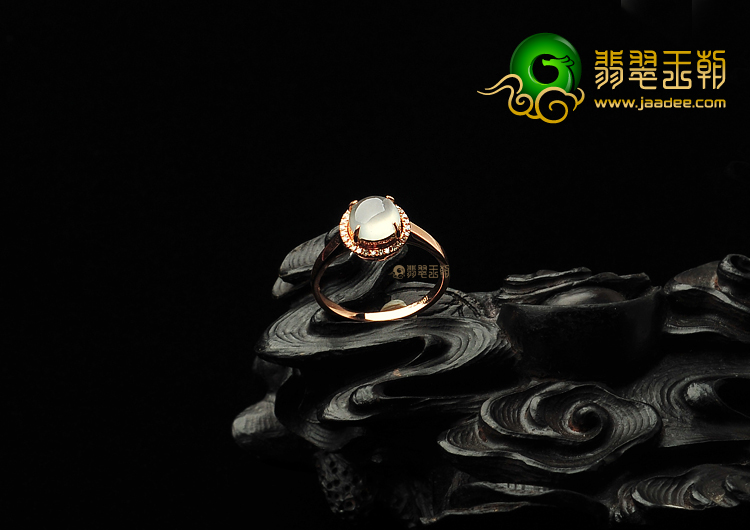 冰玻种无色缅甸翡翠A货镶玫瑰金戒指(真钻)