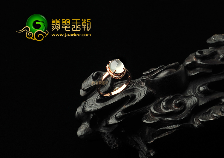 冰玻种无色缅甸翡翠A货镶玫瑰金戒指(真钻)