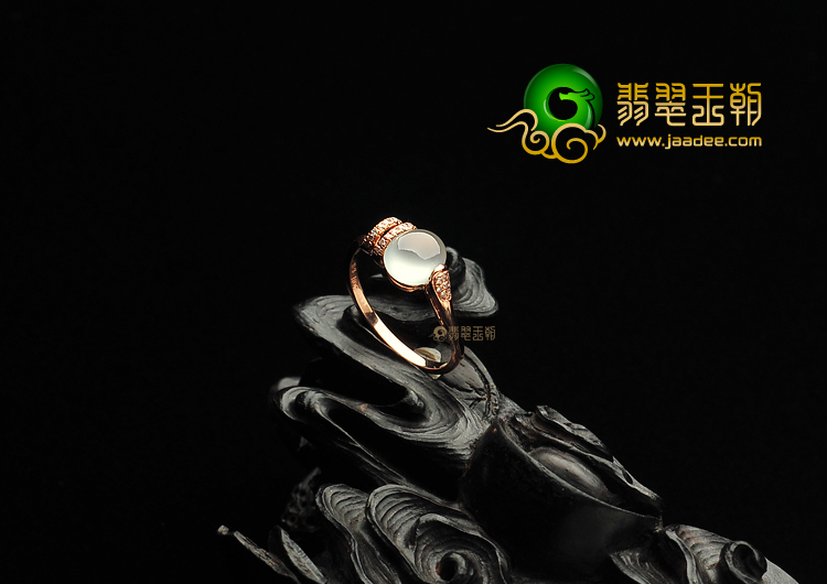 冰玻种无色缅甸翡翠A货镶玫瑰金戒指(真钻)