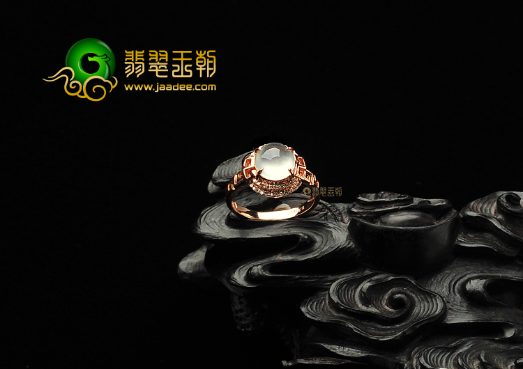 冰玻种无色缅甸翡翠A货镶玫瑰金戒指(真钻)