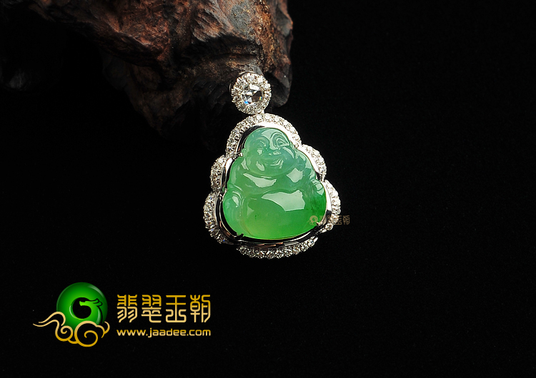 冰种绿晴水缅甸翡翠A货镶白金玉佛胸坠(真钻)