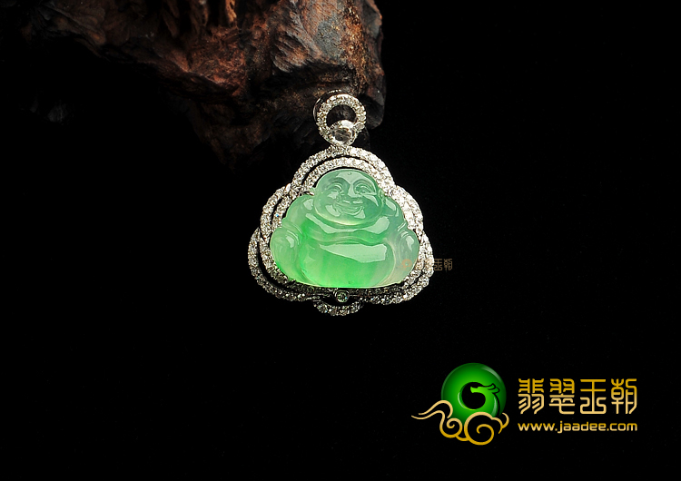 冰种飘翠缅甸翡翠A货镶白金玉佛胸坠(真钻)