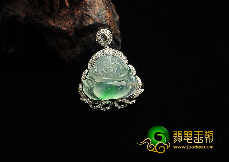 冰种飘翠缅甸翡翠A货镶白金玉佛胸坠(真钻)