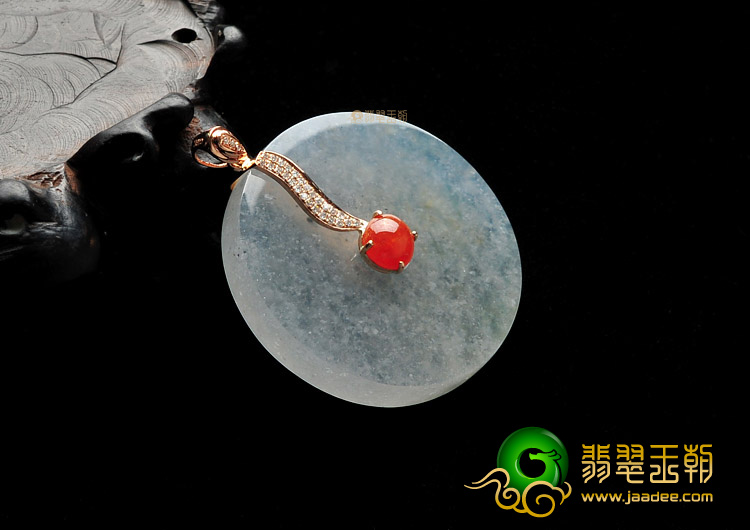 冰种淡晴水缅甸翡翠A货镶玫瑰金平安扣胸坠(真钻)