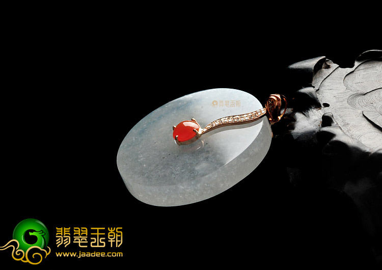 冰种淡晴水缅甸翡翠A货镶玫瑰金平安扣胸坠(真钻)