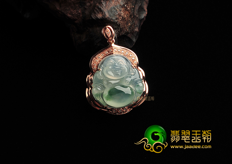 (超值推荐)冰种飘花缅甸翡翠A货镶玫瑰金玉佛胸坠(真钻)