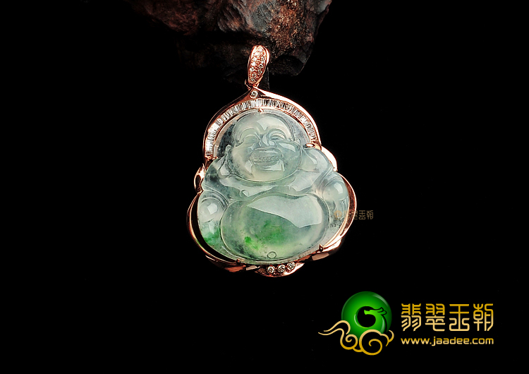 冰种飘花缅甸翡翠A货镶玫瑰金玉佛胸坠(真钻)