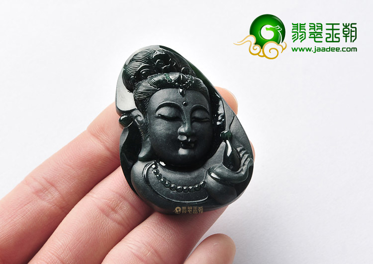 糯冰种墨翠缅甸翡翠A货观音头挂件