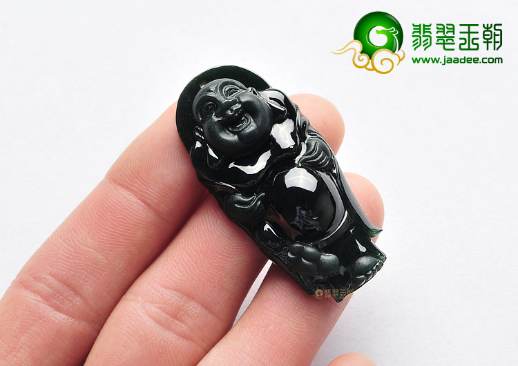 糯冰种墨翠缅甸翡翠A货站佛挂件