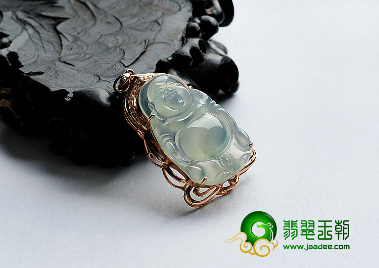 冰种晴水缅甸翡翠A货镶玫瑰金站佛胸坠(真钻)
