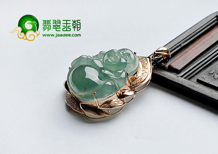 冰种晴水缅甸翡翠A货镶玫瑰金玉佛胸坠(真钻)