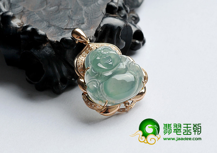 冰种晴水缅甸翡翠A货镶玫瑰金玉佛胸坠(真钻)