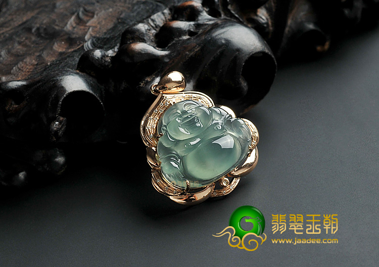冰种晴水缅甸翡翠A货镶玫瑰金玉佛胸坠(真钻)
