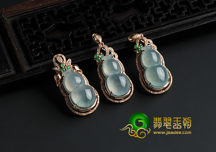 冰种略飘花缅甸翡翠A货镶玫瑰金葫芦胸坠(真钻)(单价)