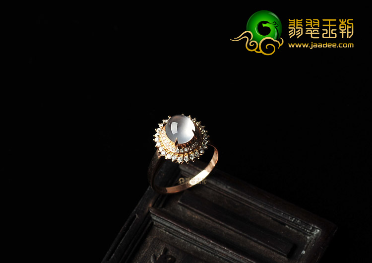 玻璃种无色缅甸翡翠A货镶玫瑰金戒指(真钻)