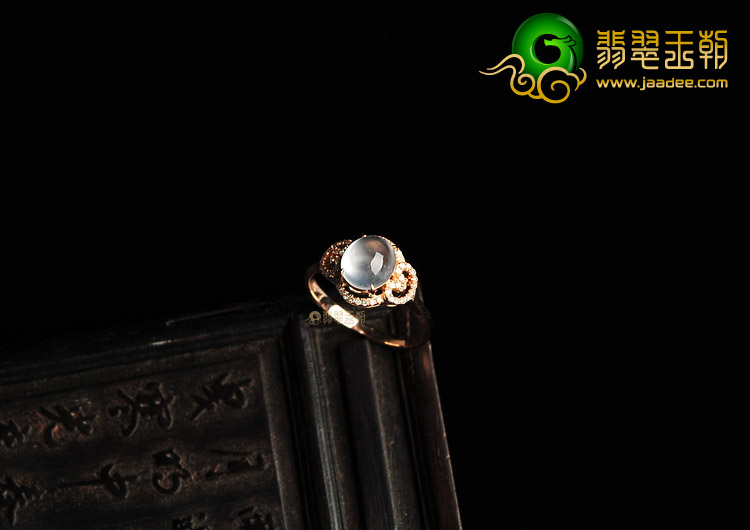 玻璃种无色缅甸翡翠A货镶玫瑰金戒指(真钻)