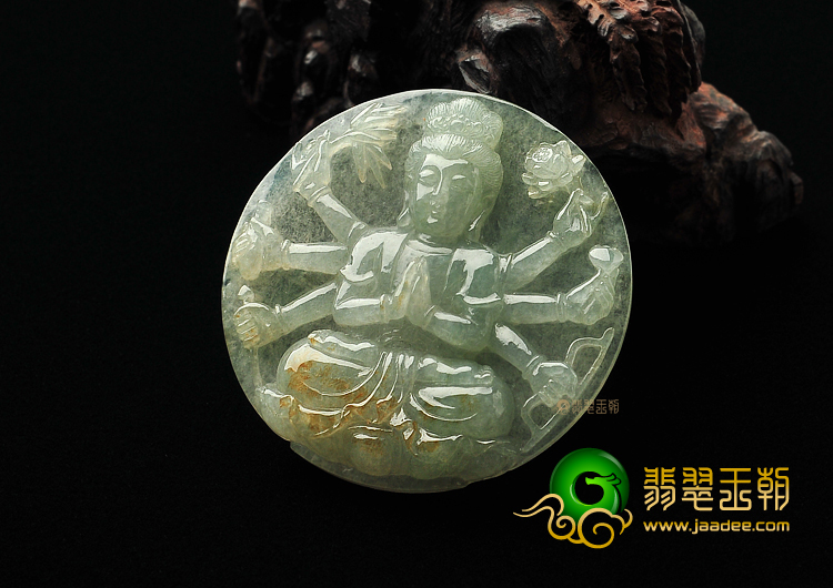 糯冰种晴水略带黄翡缅甸翡翠A货千手观音挂件