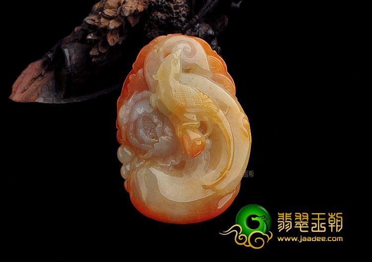 糯冰种红黄翡缅甸翡翠A货鸟语花香挂件