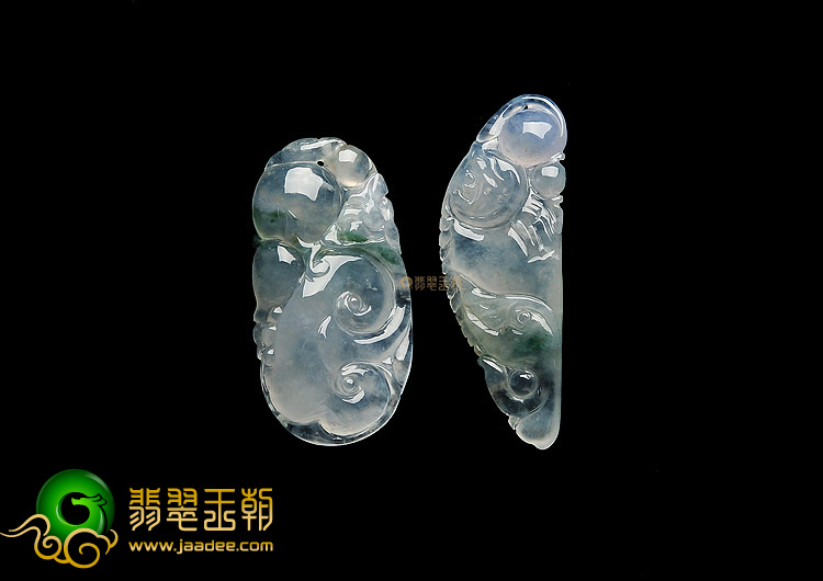 冰种飘花缅甸翡翠A货福寿如意挂件(一对)