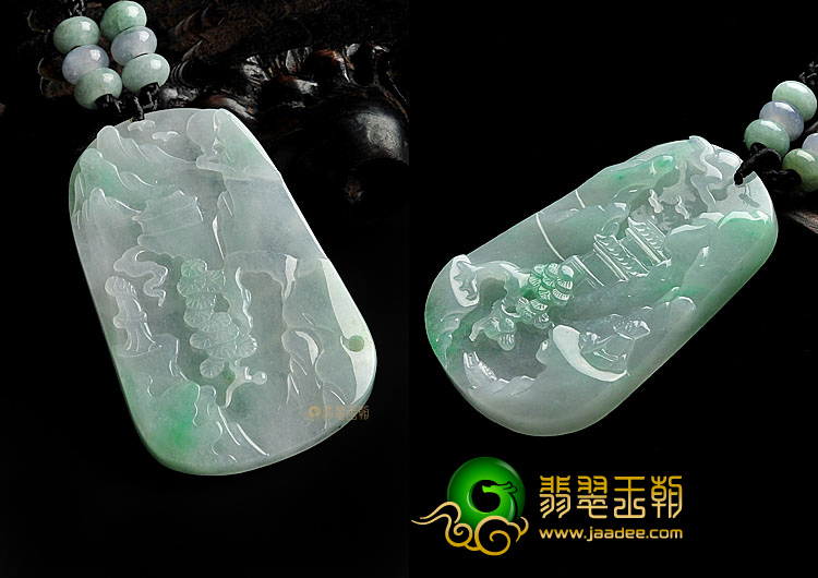 糯冰种飘翠缅甸翡翠A货山水牌挂件(一对)