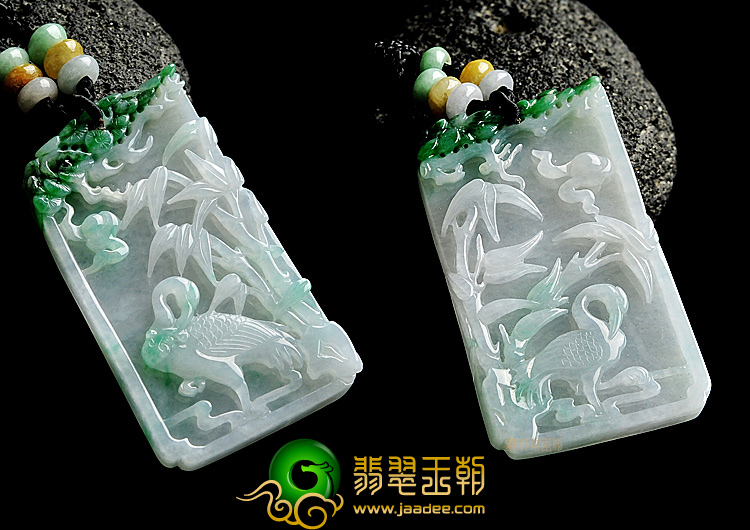 糯冰种飘翠缅甸翡翠A货松鹤延年挂件(一对)