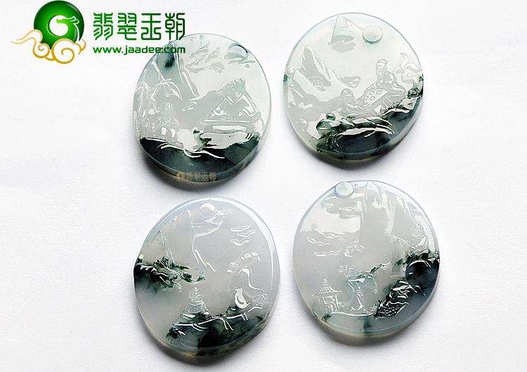 冰种飘花缅甸翡翠A货琴棋书画挂件(一套)