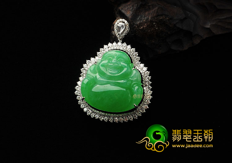 冰种阳绿镶白金玉佛胸坠(真钻)