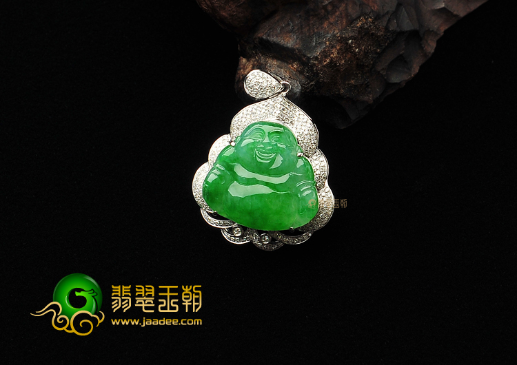 冰种飘翠镶白金玉佛胸坠(真钻)