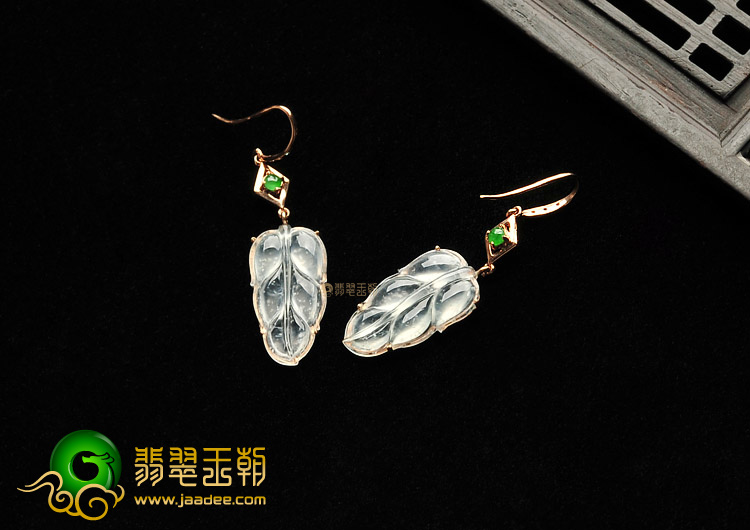 玻璃种无色镶玫瑰金叶子耳坠(真钻)