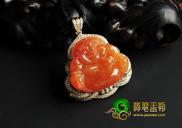 糯冰种红黄翡镶玫瑰金玉佛胸坠(真钻)