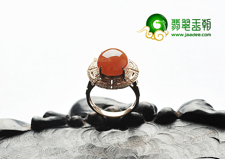糯冰种红黄翡镶玫瑰金戒指(真钻)