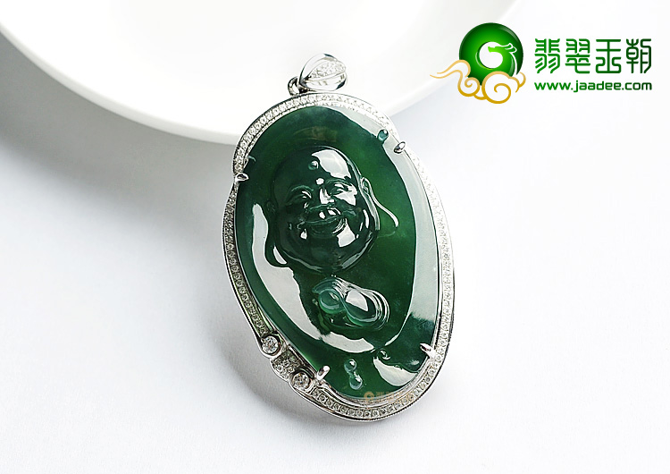 冰种蓝水镶白金玉佛胸坠(真钻)