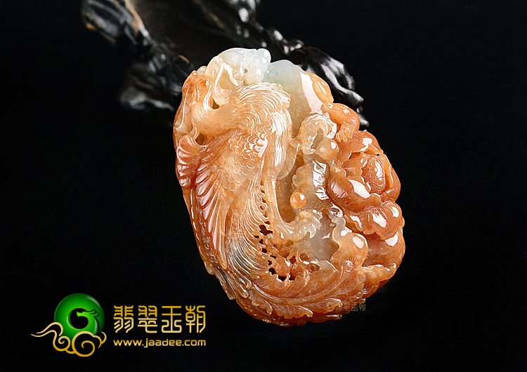 糯冰种红黄翡略飘花凤戏牡丹挂件