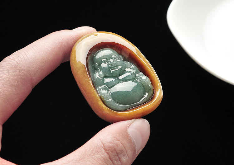 糯冰种褐黄翡晴水双面佛挂件
