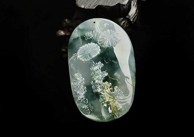 冰种飘花略带黄翡花开富贵挂件