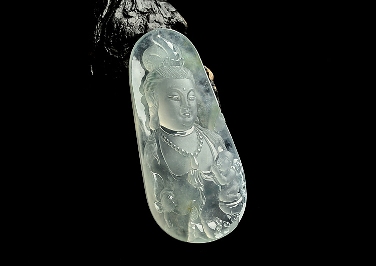 冰玻种飘花童子拜观音挂件