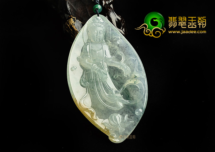 冰玻种飘花略带黄翡站观音挂件