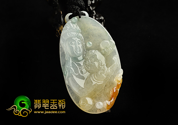冰种黄翡飘花送子观音挂件