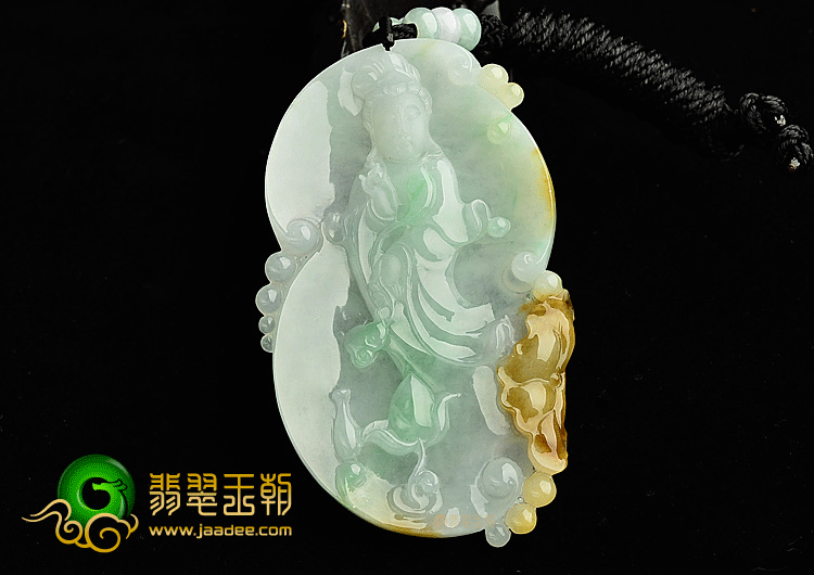 糯冰种黄加绿站观音挂件