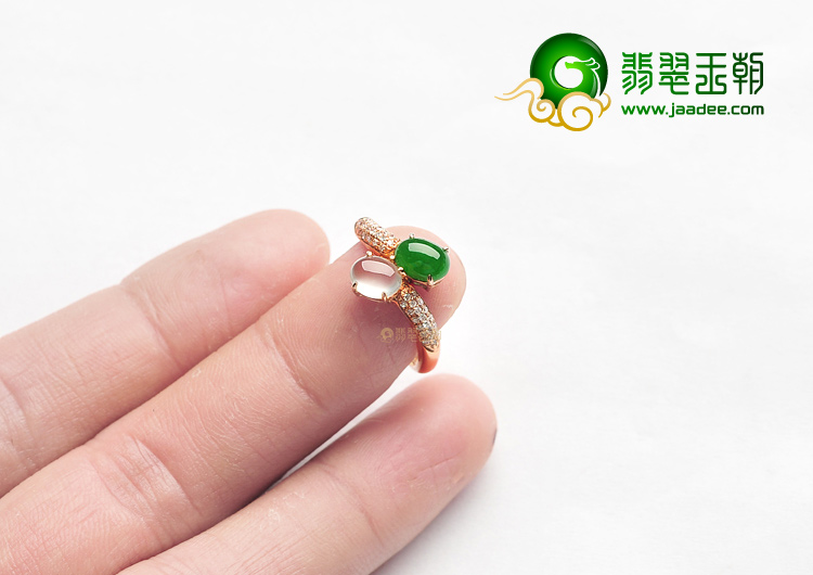 玻璃种无色冰种阳绿镶玫瑰金戒指(真钻)