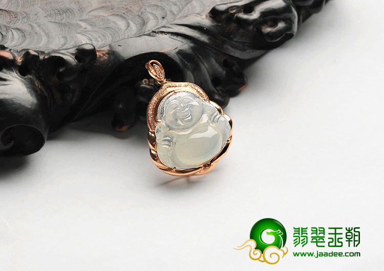 冰玻种淡晴水镶玫瑰金玉佛挂件(真钻)