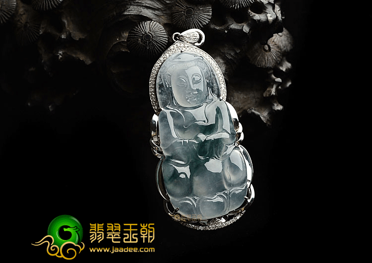 (超值推荐)冰玻种飘花镶白金观音挂件