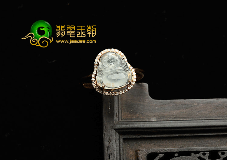 冰玻种无色镶玫瑰金玉佛戒指