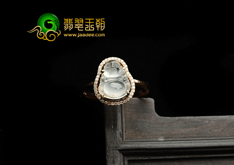 冰玻种无色镶玫瑰金玉佛戒指