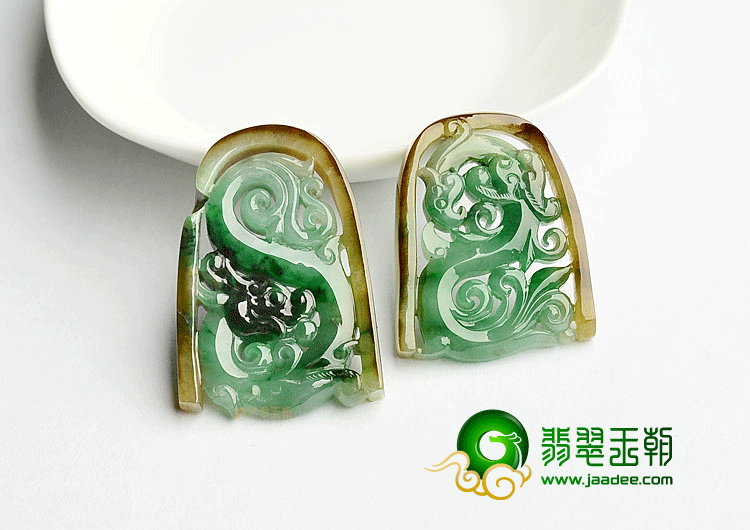 糯冰种黄加绿仿古龙凤挂件(一对)