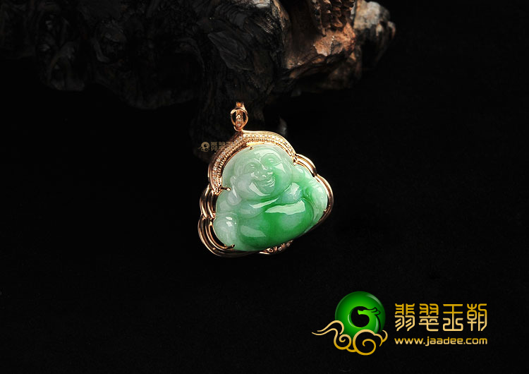 糯冰种翠色镶玫瑰金玉佛胸坠(真钻)