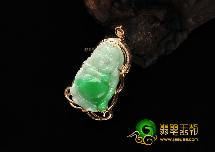 糯冰种翠色镶玫瑰金站佛胸坠(真钻)