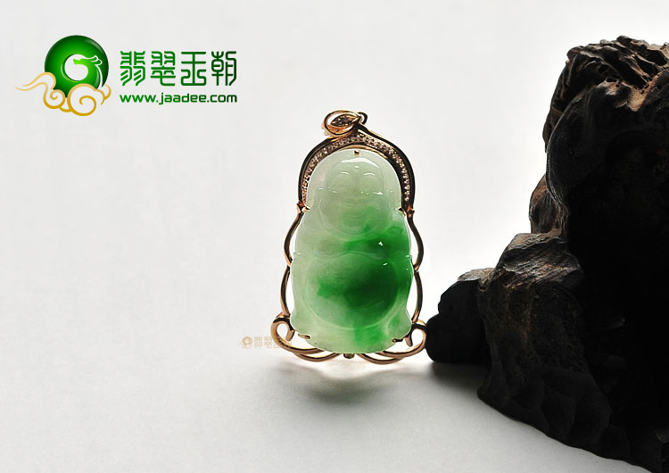 (超值推荐)糯冰种翠色镶玫瑰金站佛胸坠(真钻)