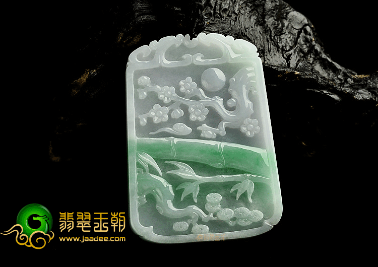 糯冰种淡春带彩岁寒三友挂件
